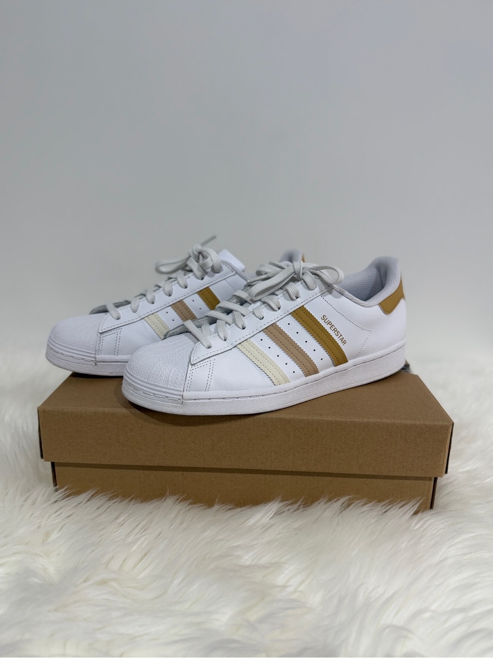 adidas Superstar White Sneakers with Gold and Cream Stripes Women’s Sneakers